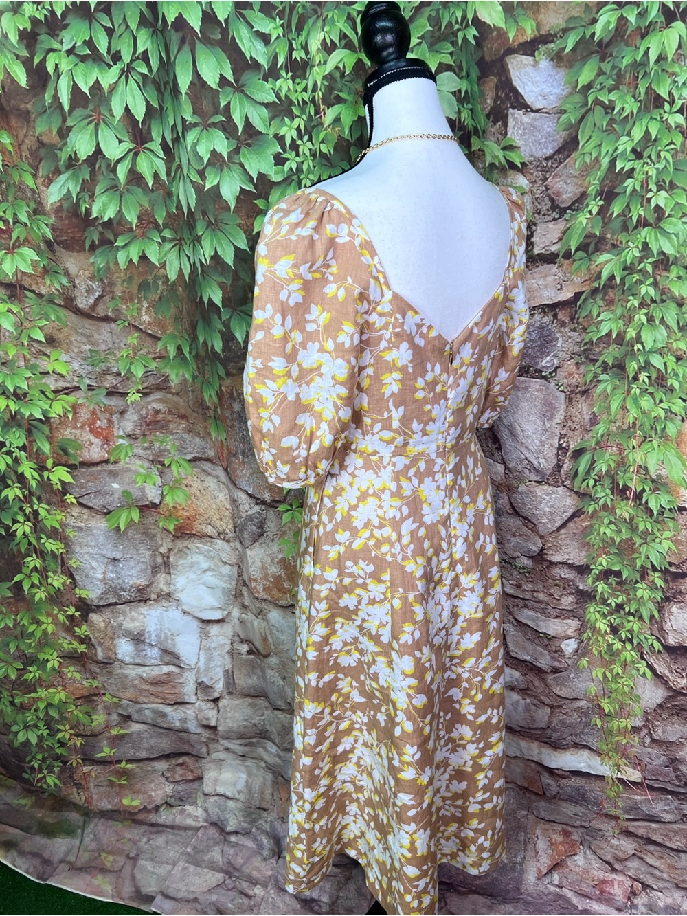 DRAPER JAMES Camel Cottagecore Floral Linen Sweetheart Neckline Dress, 2 - Picture 7 of 14